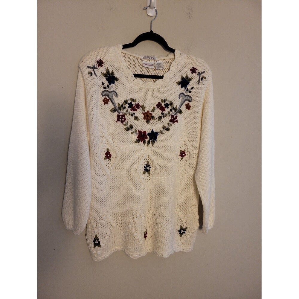 Vintage Bobby Brooks White Hand Knitted Grandma Sweater Sz L Cottagecore